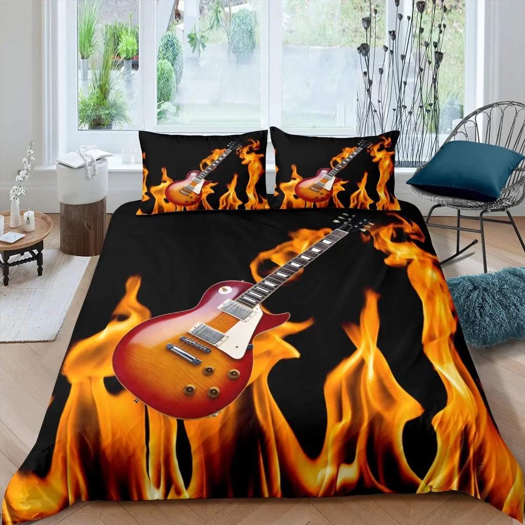 Guitar Duvet Cover Set King Queen Full Size Watercolour Style Polyester Comforter Cover for Kids Boys Girls Teens Bedding Set