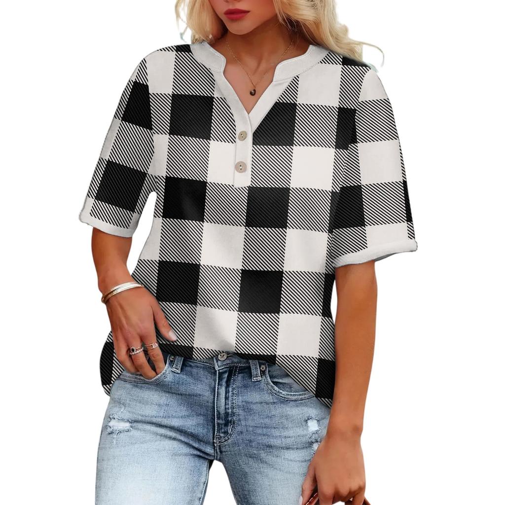 Women's Casual Fashion V-Neck Button Plaid Printed Short Sleeve Top