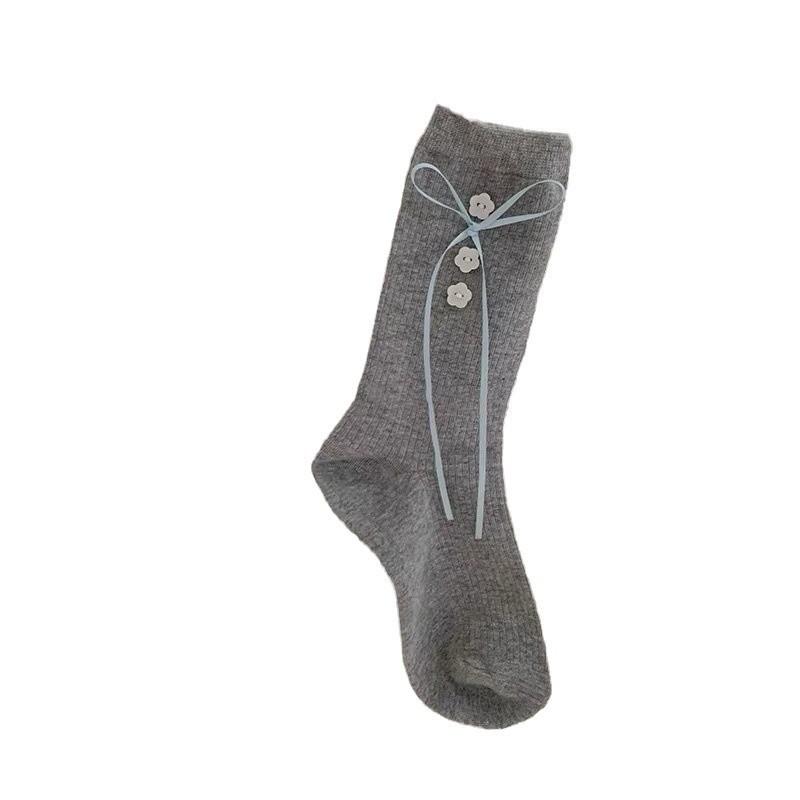 Haha! Hard To Refuse, Gray-Blue Socks, Sweet Ribbons, Bow Buttons, Stacked Socks.