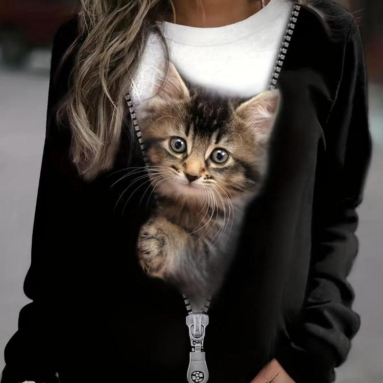 

Plus Size 3D Cat Print Sweatshirt Women Casual Long Sleeve Crew Neck Pullover 8XL