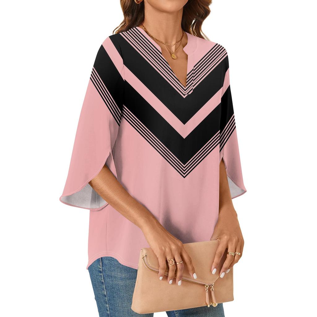 Womens Tops 3/4 Tiered Bell Sleeve V Neck Stripes Printed  Blouses Work Tunic Shirts