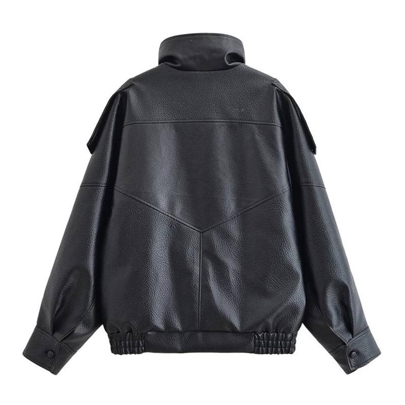 Women's Jacket Black Long Sleeve Faux Leather Jacket Motorcycle Style Personality Fashion