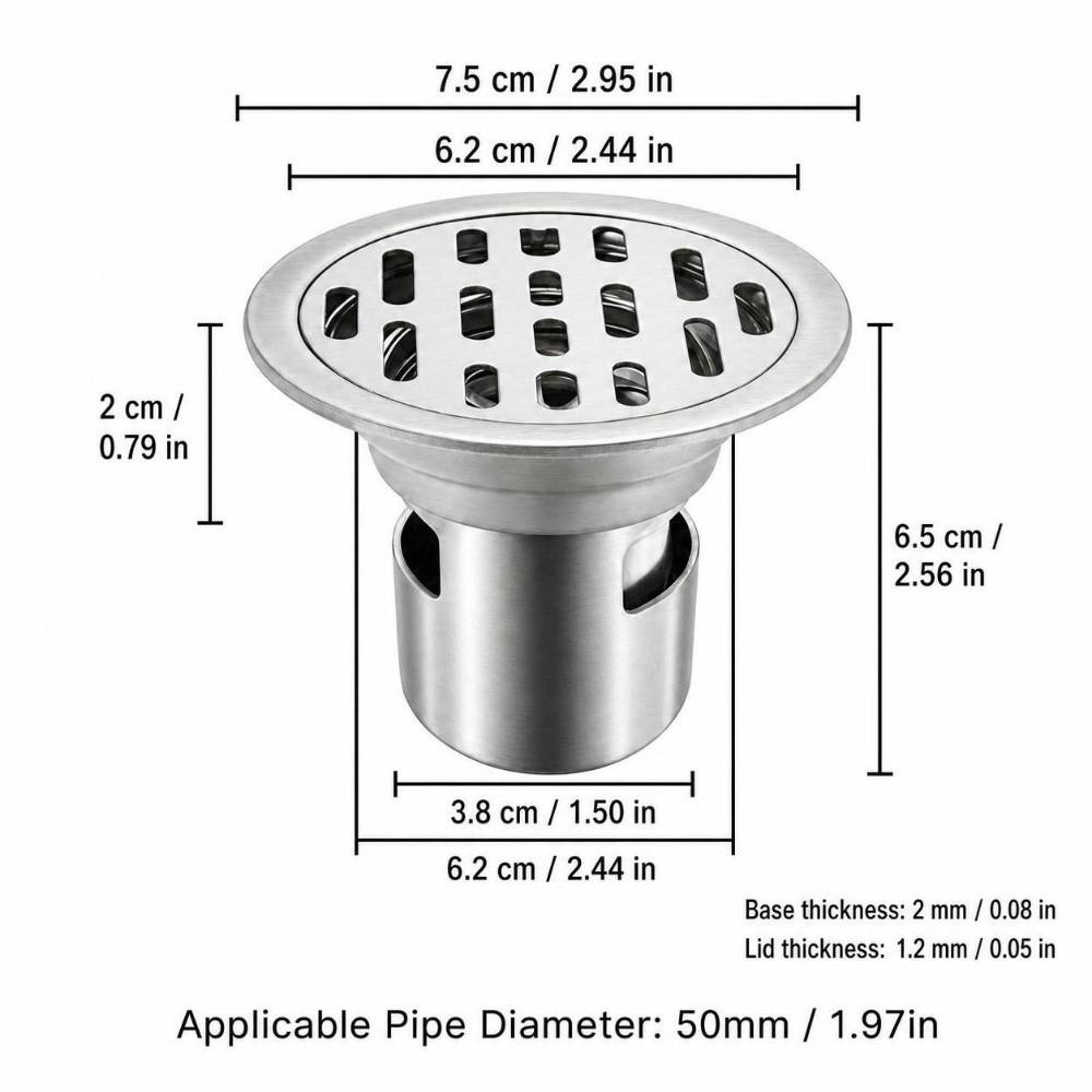 Fits 50mm / 1.97in Pipe Floor Drain Round Shower Floor Drain Floor Waste Drain  Floor Drainage