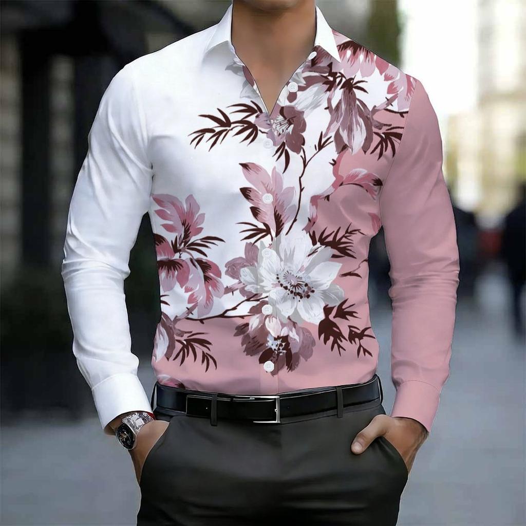 Camisa de Hombre con Cuello Estampado Floral de Rama Gradiente Blanco Rosa Manga Larga Botones