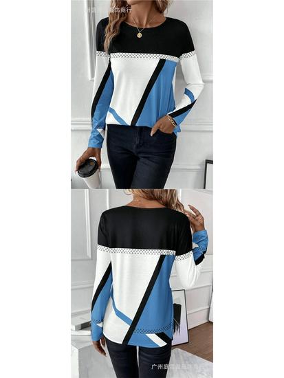 New Arrival Women's Pullover Round Neck Geometric Print Color Block T-shirt