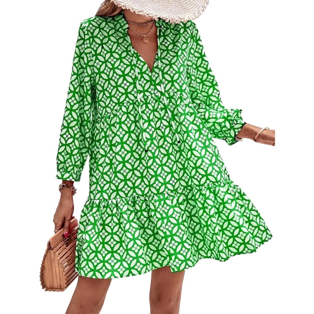 Women's Fashionable V-neck Fresh Printed Temperament Seven Inch Sleeve Dress