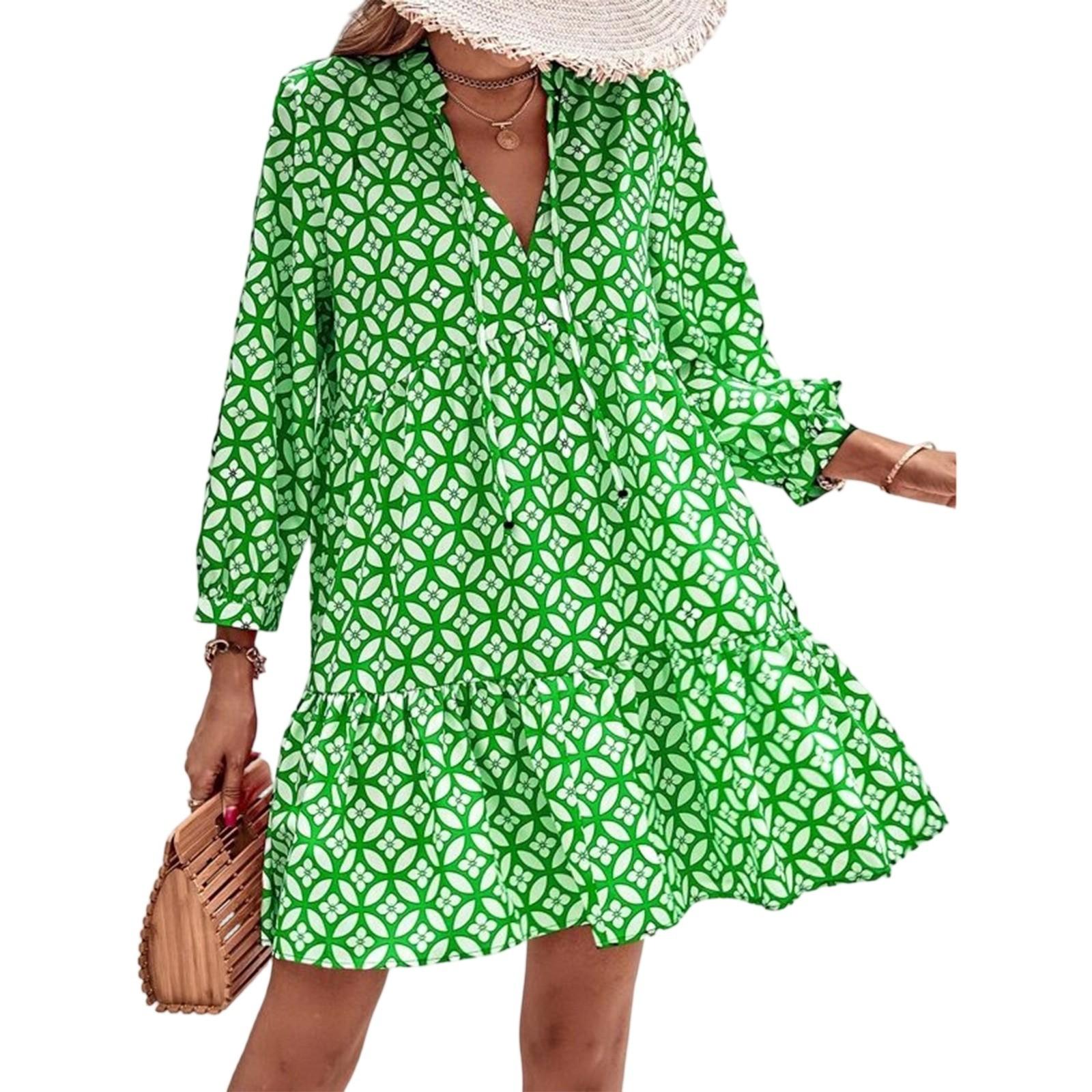 

Женское модное платье с V-образным вырезом, свежим принтом и рукавом семь дюймов M зелёный