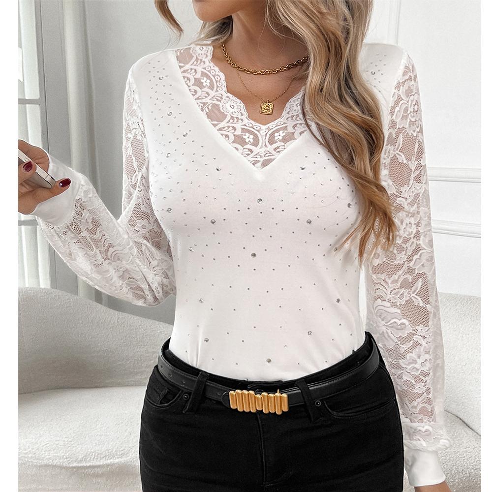 Lace V Neck Tops for Women Sparkle Dressy Slim Fitted Elegant Blouse Long Sleeve Business Casual Shirts