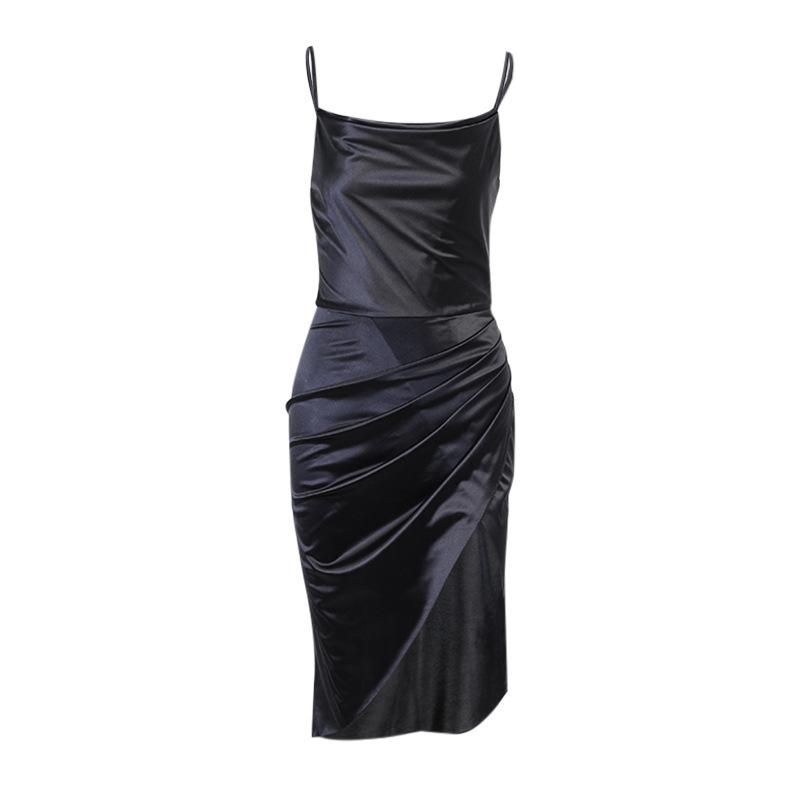 Fashionable Sexy Satin Split Dress, Slim Fit Spaghetti Strap Dress with Asymmetrical Mid-Length Design Temperament Sexy Sling Skirt