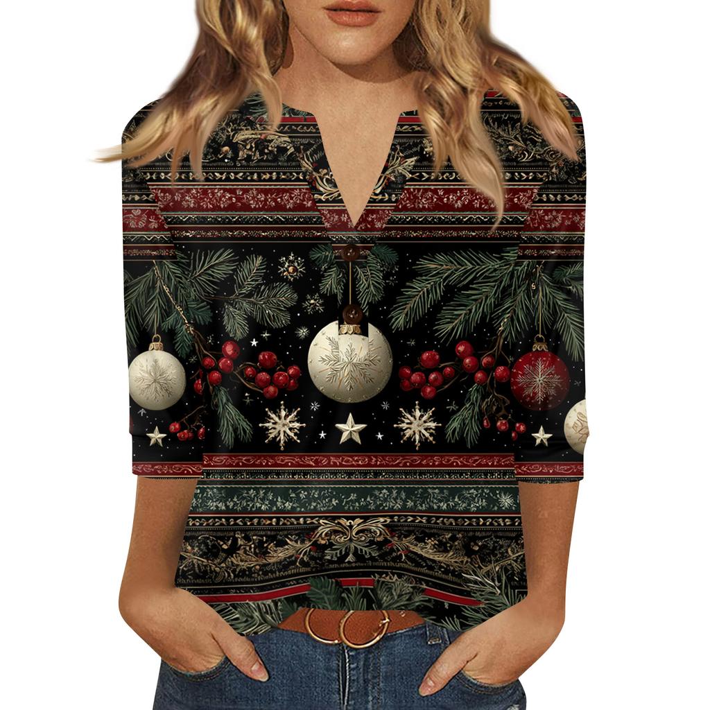 Women's T Shirt Print Button 3/4 Sleeve Daily Weekend Fashion Basic V- Neck Regular Top