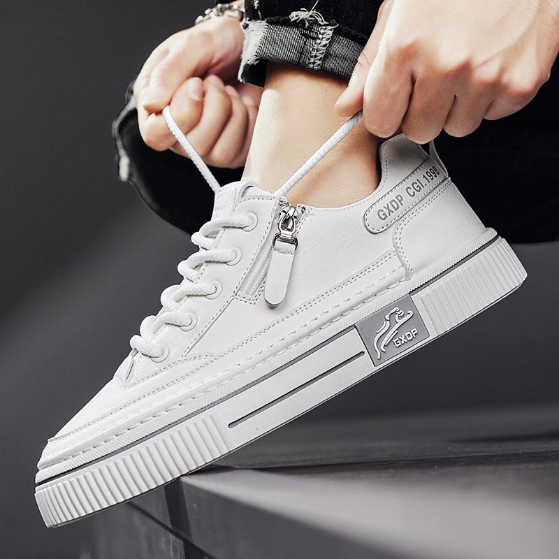 White Leather Sneakers Thick Bottom Casual Flats Anti Slip Outdoor Walking Sports Board Vulcanized Street Skate Shoe Lace-up