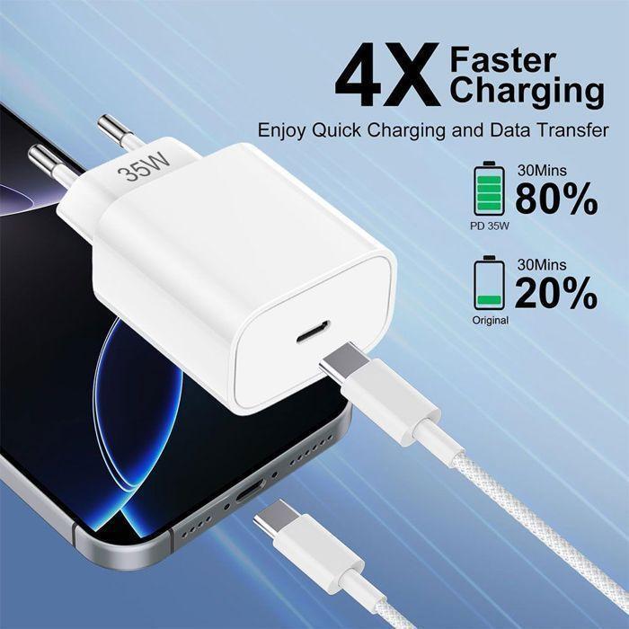 Chargeur Rapide 35W - E.F.Connection - USB-C - Câble 2M - Compatible iPhone 17 , 17 Pro , Pro Max , 16,15