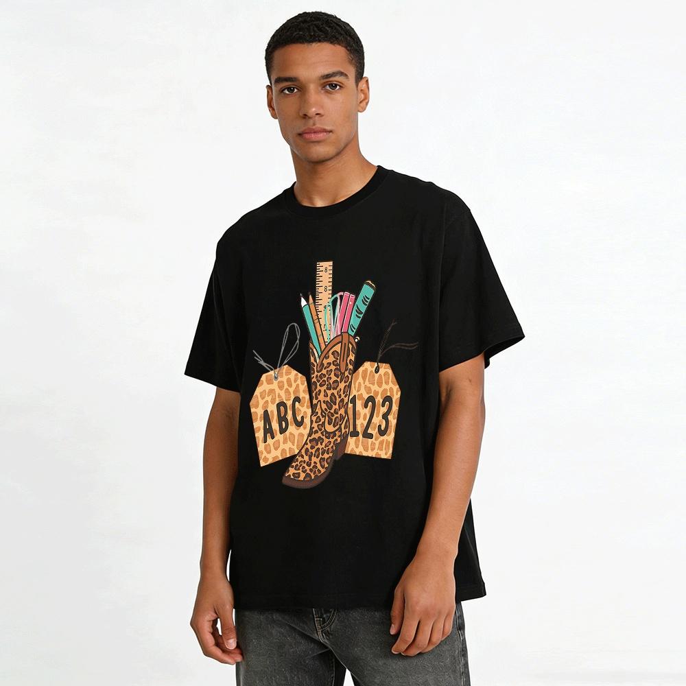 Leopard Cowboy Boot Stationery ABC123 Kids Graphic Top Pure Cotton T-shirt