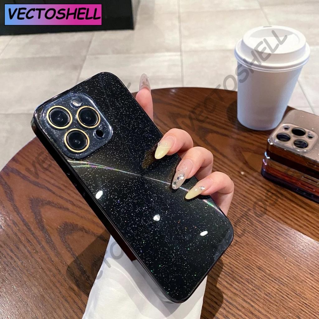 Luxury AG Plating Bling Glitter Glass Lens Protection Case For iPhone 16 15 14 Plus 13 12 11 Pro Max Laser Aurora Pattern Cover