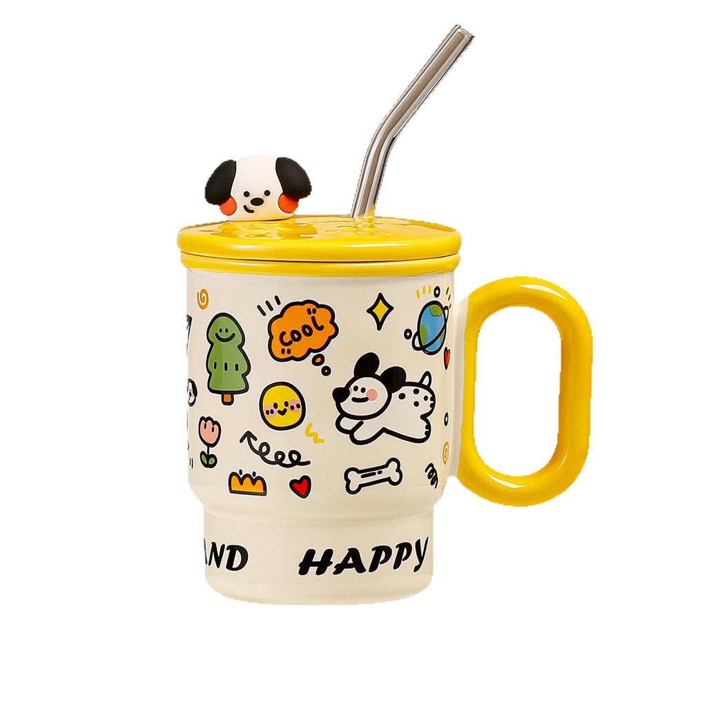 2025 Summer Straw Cup Graffiti Animal Ceramic Water Cup With Lid Cartoon Mug Water Cup Premium Cute