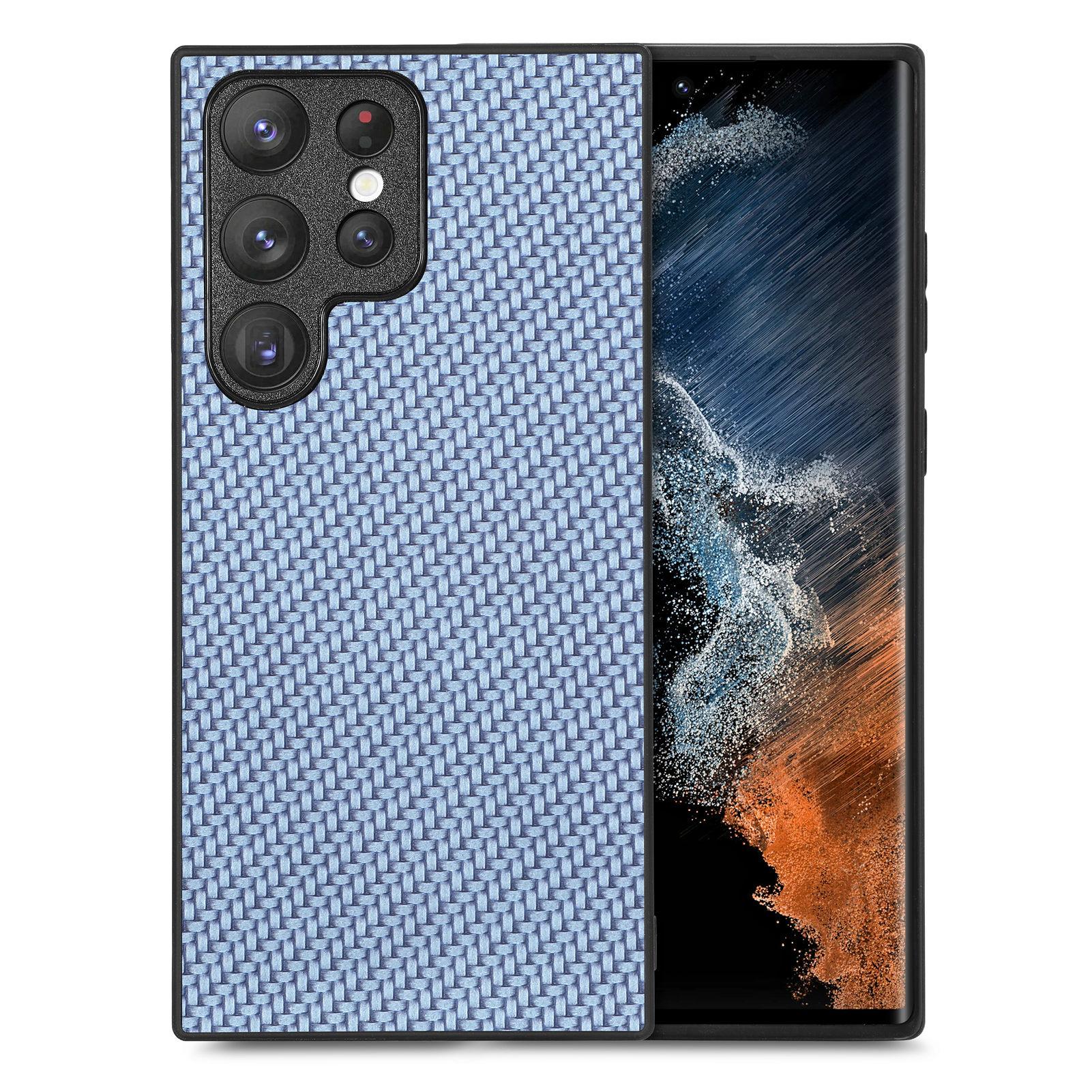 

For Samsung Galaxy S23 Ultra Case Carbon Fiber Texture PU+PC+TPU Phone Cover Blue