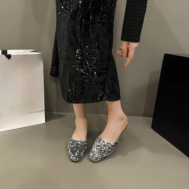 

Модная женская повседневная обувь, украшенная пайетками, тапочки с квадратным носком и плоской подошвой, удобные сандалии на платформе, шлепанцы, пляжные тапочки для отдыха на открытом воздухе 40