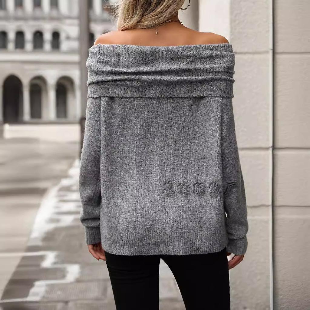 2024 Autumn And Winter New Pile Collar Solid Color Off Shoulder Loose Sexy Knitted Sweater Long Sleeved Sweater For Women