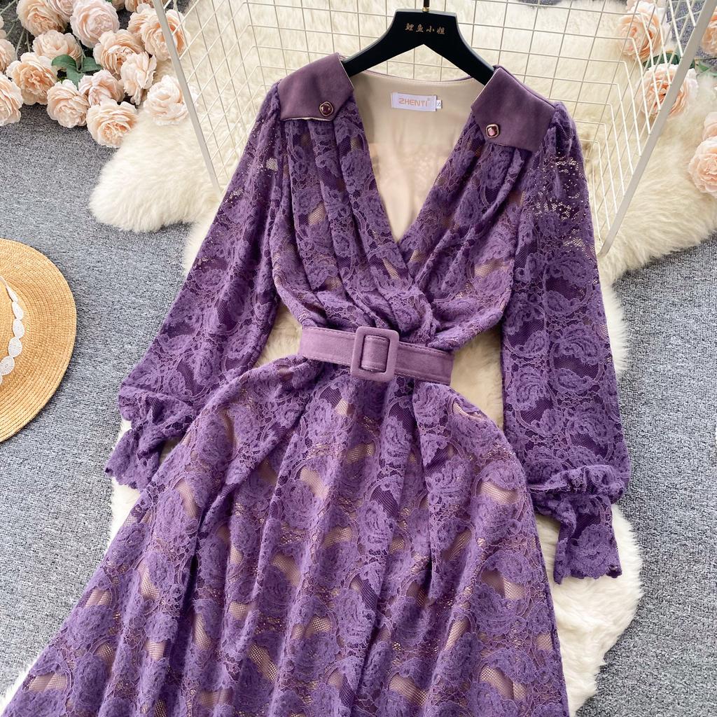New Women V-neck Purple Lace Christams Party Dresses Vintage Long Sleeve Mid-calf Dress WIth Belt