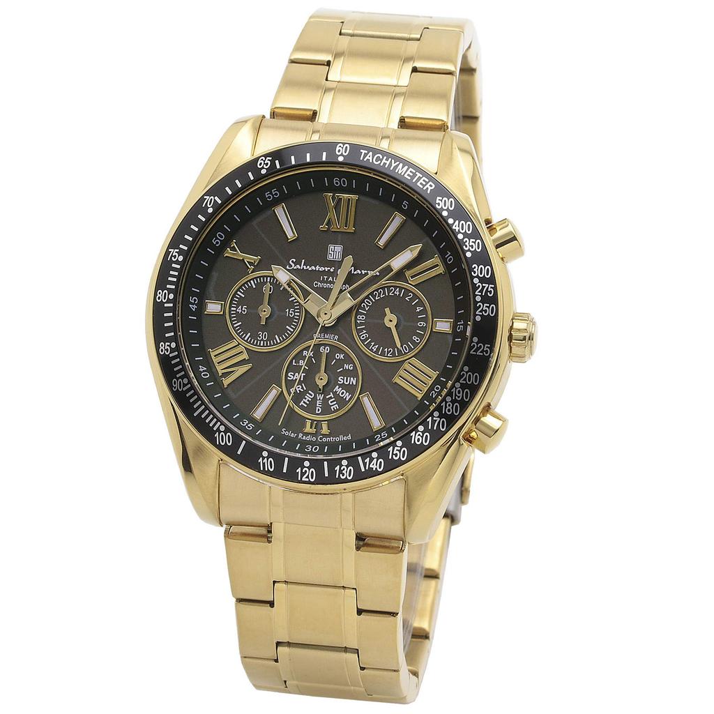Salvatore Marra Men's Radio-Controlled Solar Chronograph Watch, Gold Accent, Black Dial, Stainless Steel, Includes Cleaning Cloth