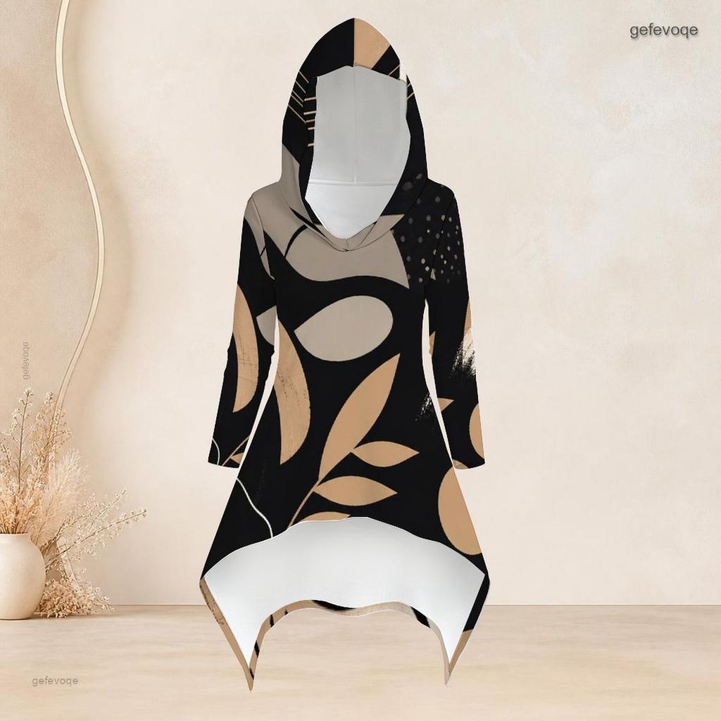 Women Plus Size Hooded Two Piece Set Long Sleeve High Low Printed Top And Fitted Pants