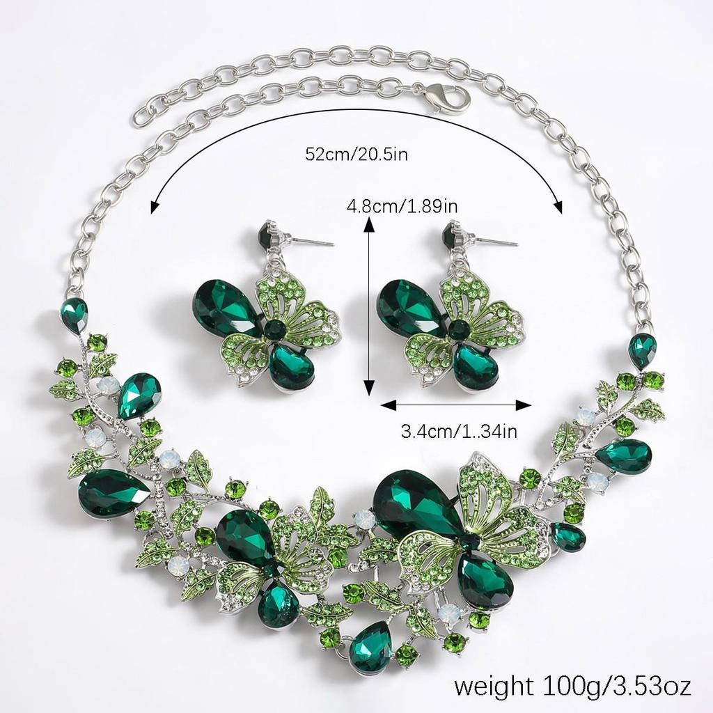 European & American Floral Necklace & Earring Set: Colorful Crystal Gemstone Jewelry for Evening Dresses & Bridal Banquets