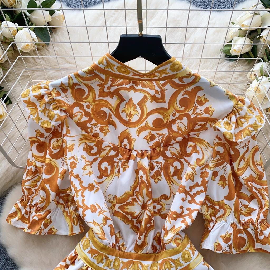 Summer Women Elegant Flare Sleeve Designer Print Runway Dresses V-neck Single Breasted Mini Short Party Dress