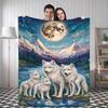 1pc Wolf Pack Night Scene Flannel Blanket - Northern Winter Wolves & Full Moon Design, All-Season Soft Warm Throw for Bed, Couch