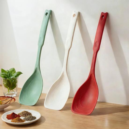 Multifunctionele kookspatel/lepel voor antiaanbakpannen, hittebestendig keukengerei met diepe kom en maatstreep voor mengen en serveren.