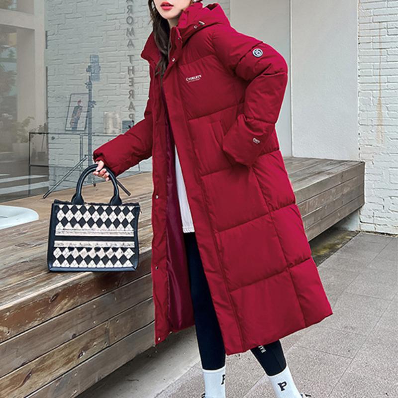 Women's Winter Mid-length Cotton-padded Jacket with Hood and Knee-length Loose Fit