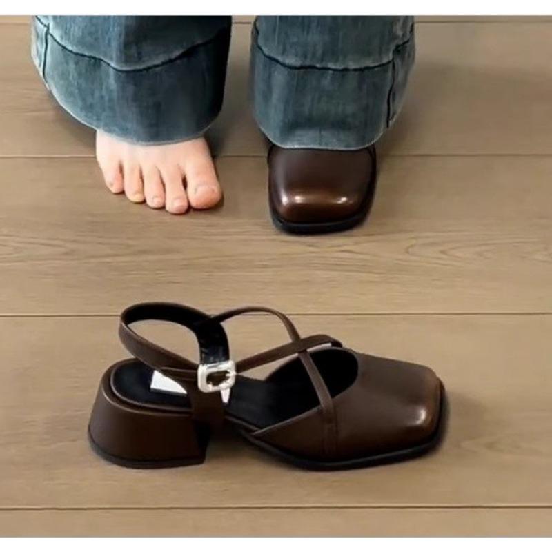 Designer Cover Toe Women Mary Jane Shoes Fashion Cross Buckle Singbacks Shoes 2025 Spring Female Thick Heel Sandals