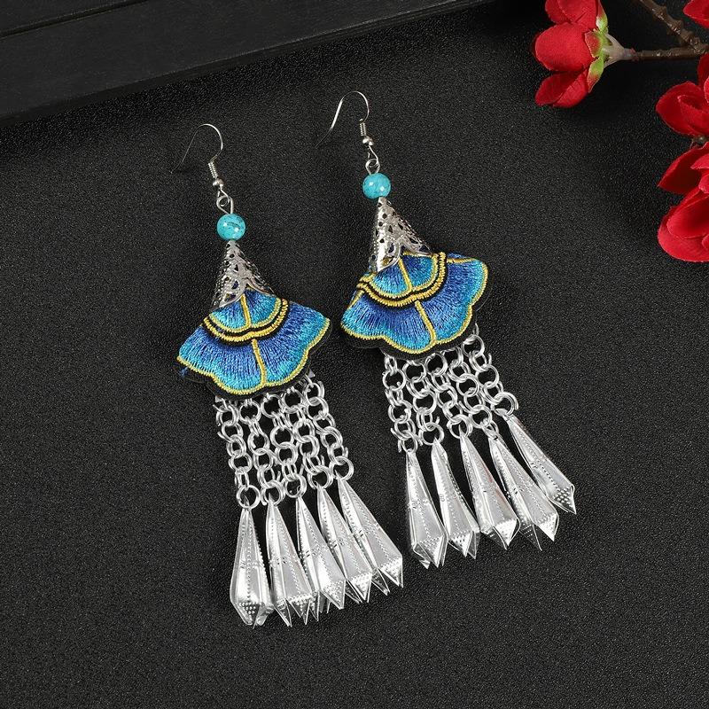 Embroidery fabric flower earrings long Miao silver fringed personalized earrings retro Miao Yunnan earrings women