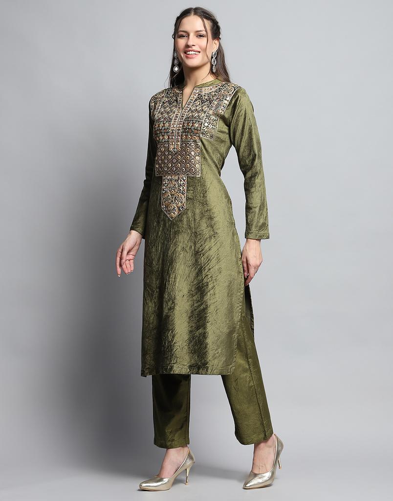 MONTE CARLO Womens Self Design Green Round Neck Full Sleeve Kurti Set
