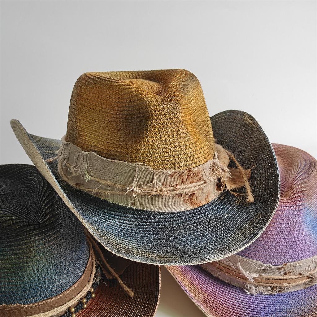 Painted Tie-Dye Cowboy Hat Unisex Sun Hat Wide-Brimmed Malleable Straw Woven Western Cowboy Hat Music Club Party Holiday Hat