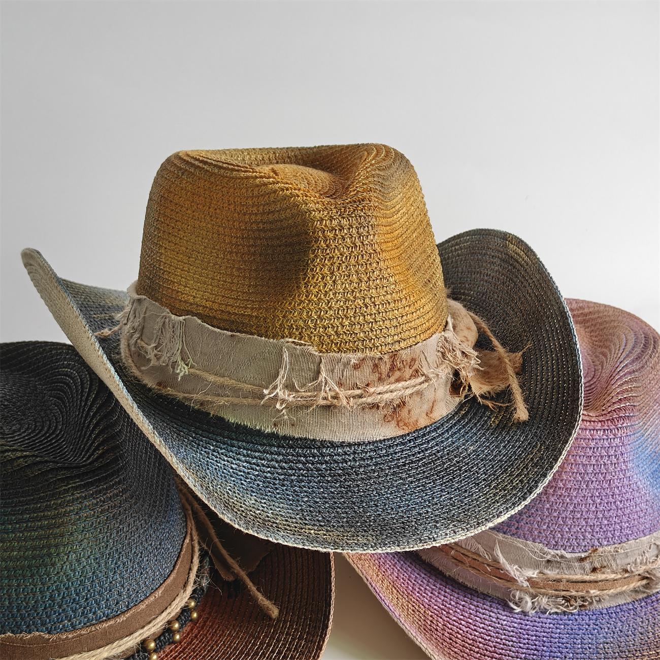 

Painted Tie-dye Cowboy Hat Unisex Sun Hat Wide-brimmed Malleable Straw Woven Western Cowboy Hat Music Club Party Holiday Hat 56-58CM