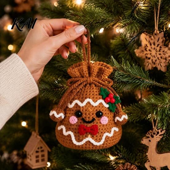 Holiday Home Decor DIY Christmas Crochet Gift Bag Material Kit for Beginners, Handmade Knitted Decoration Bag, Creative Xmas Tree/Elf/Nutcracker