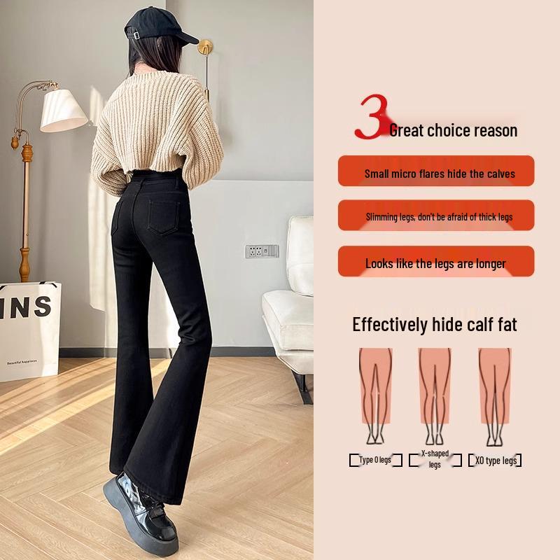 Fleece-Lined High-Waisted Black Flared Jeans for Women - Petite, Slimming Pants for Autumn/Winter 2024