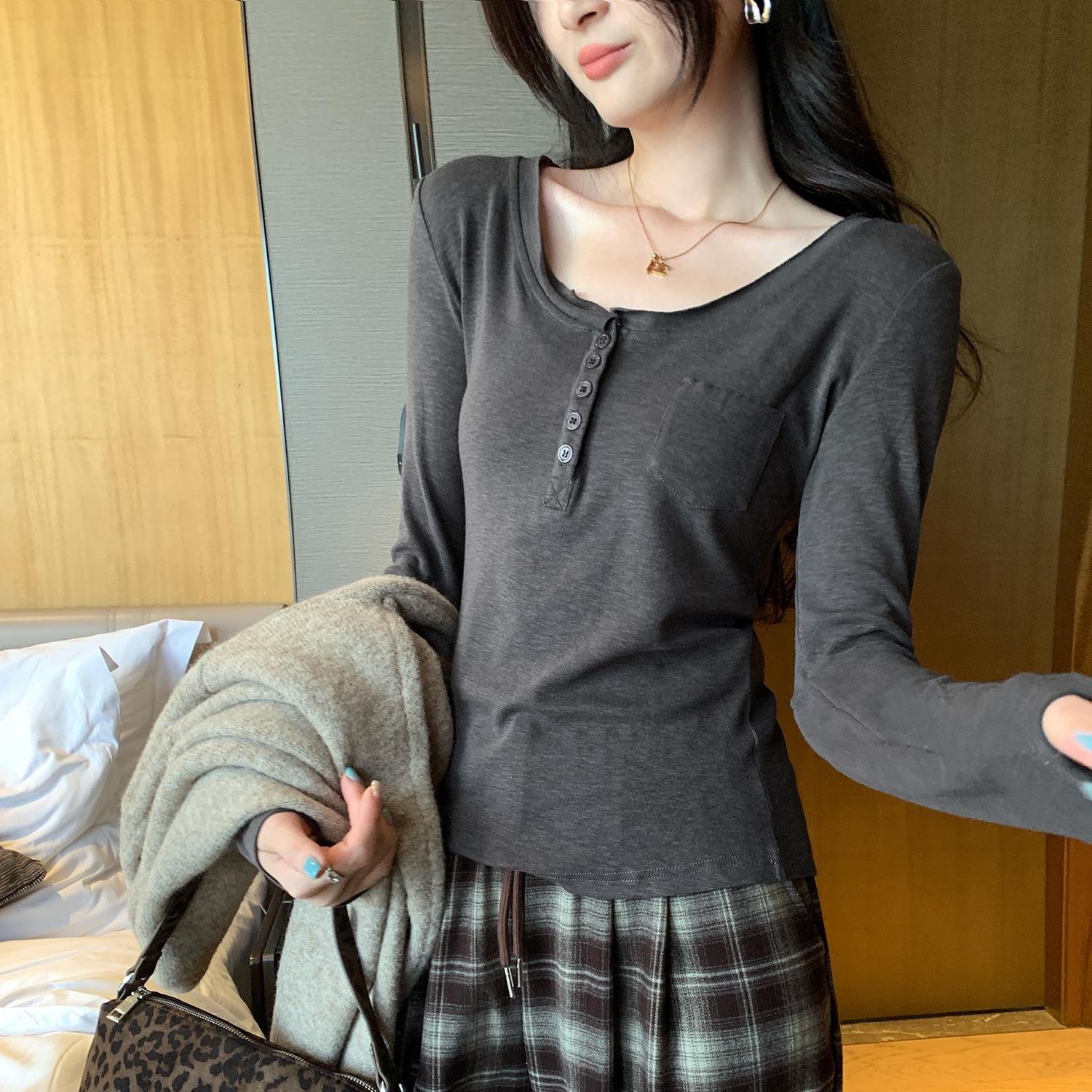 

Gentle White Henley Base Layer Women s Slim-Fit Long-Sleeve T-Shirt for Autumn/Winter, New Korean Style. XL темно-серого