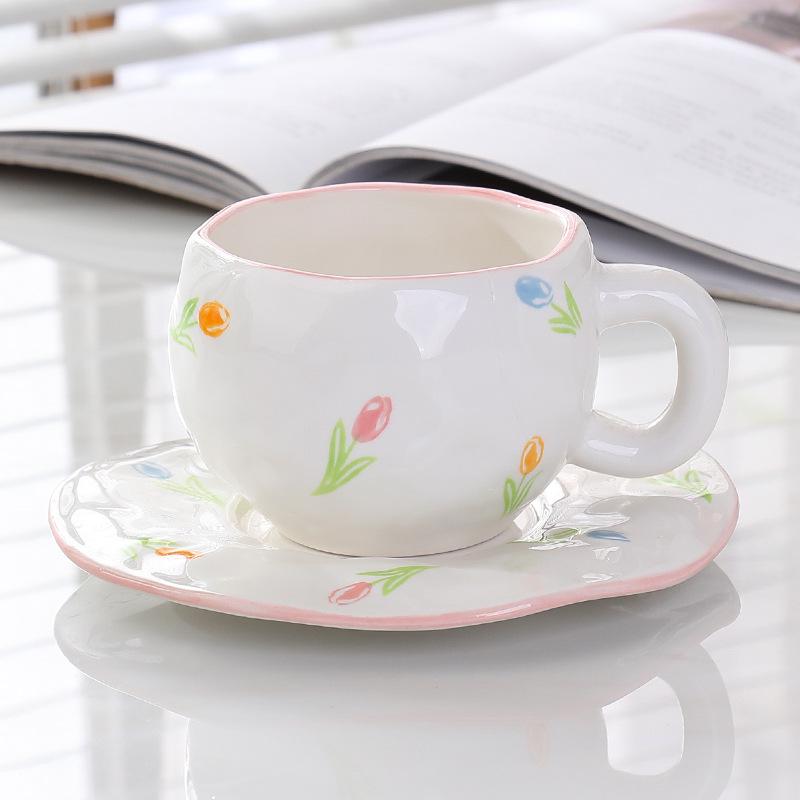Korean Hand-Painted Ceramic Cup & Saucer Set - Creative Irregular Design for Coffee & Tea