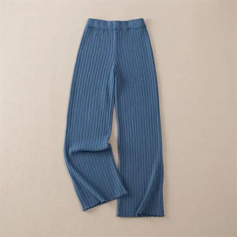 

Осень-зима толстые трикотажные брюки женские широкие брюки женские прямые брюки эластичные повседневные брюки полосатые брюки One Size синий