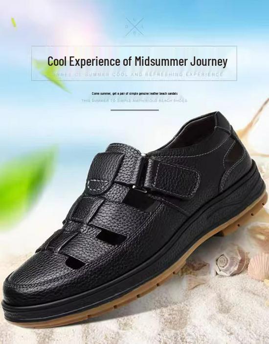 Men's Genuine Leather Breathable Summer Sandals - Large Size, Closed Toe, Perforated Cowhide Beach Shoes