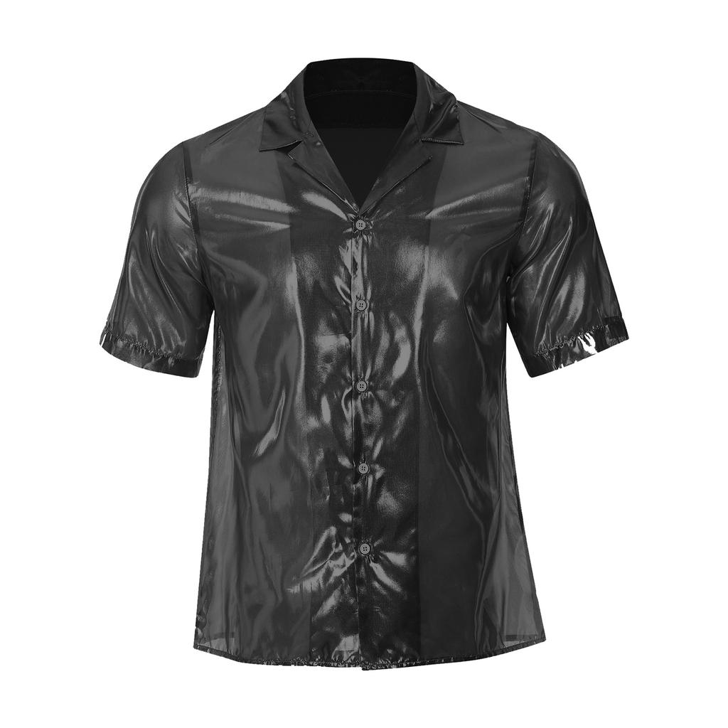 Mens See Through Shirt Turn Down Collar Short Sleeve Water Ripple Shine Beachwear Clubwear Top