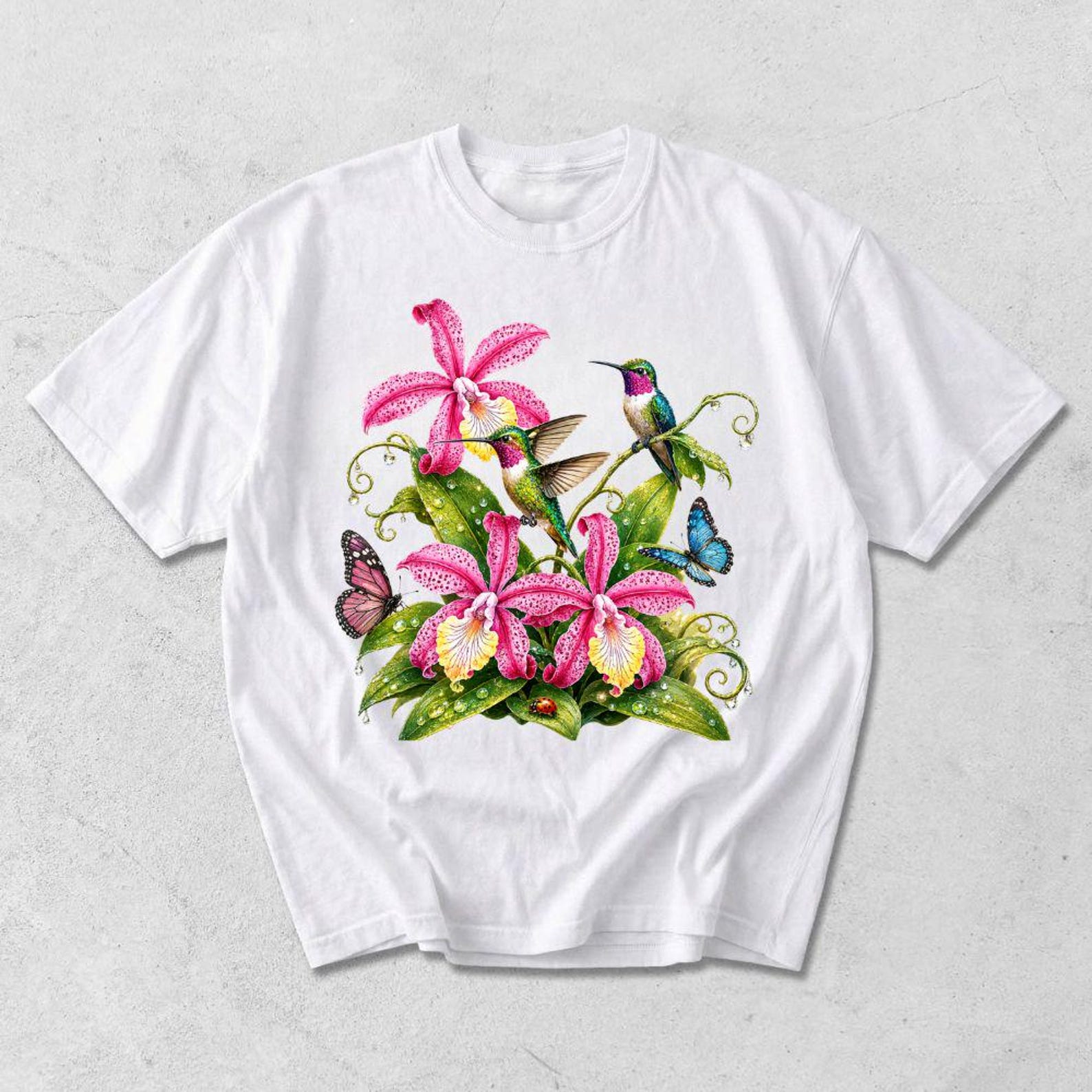 Hummingbird Orchid Graphic Tee: Botanical Nature Print, Unisex Cotton Shirt 4XL