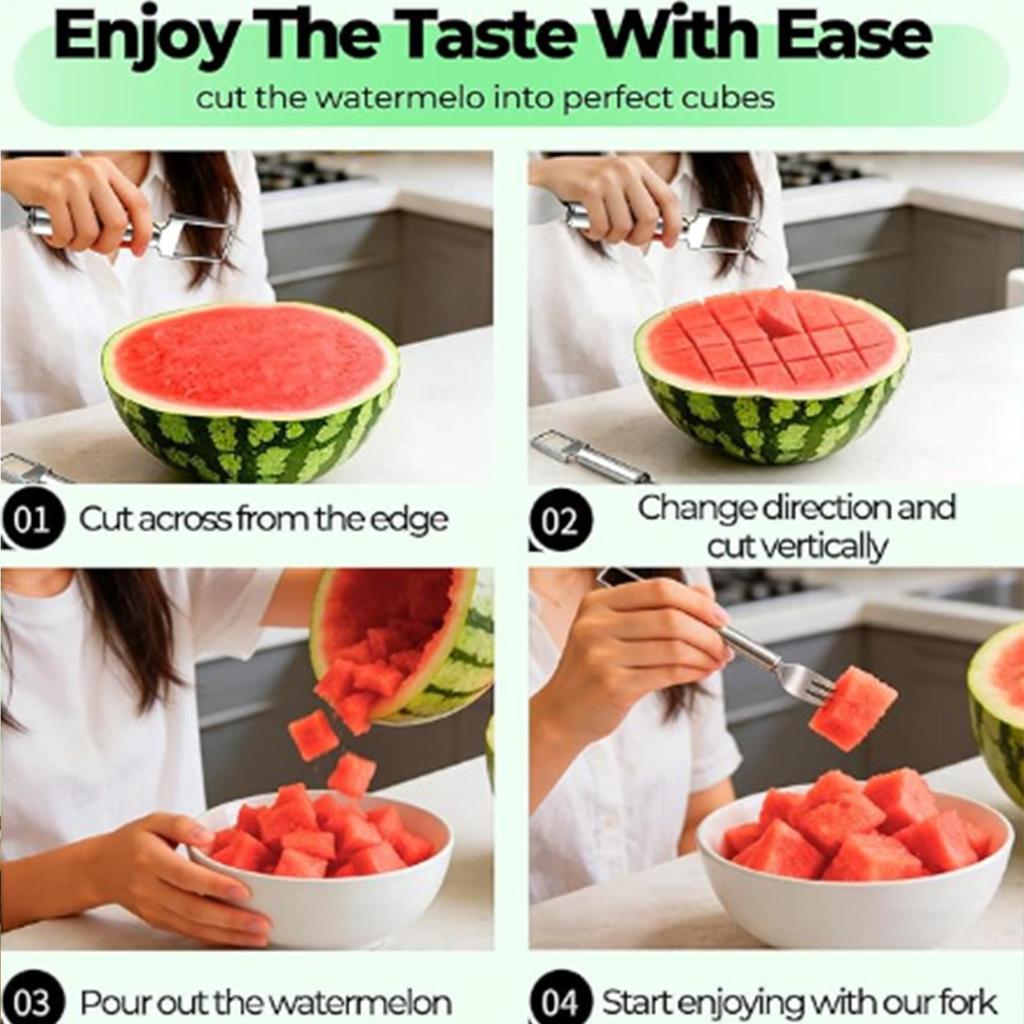 Watermelon Cutter Tool Stainless Steel Portable Kitchen Gadget 2-in-1 Watermelon Slicer & Fork For Kitchen Outdoor Camping