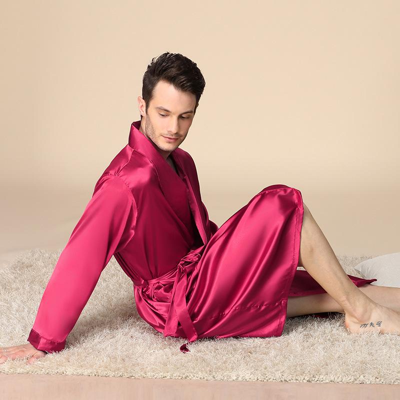 Men's Summer Long Sleeve Silk-Style Pajamas Robe