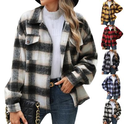 Women's Loose Casual Lapel Plaid Long Sleeved Loose Woolen Jacket, Fashionable Jacket