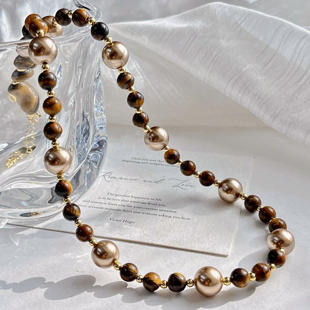 Maillard Boutique Natural Tiger'S Eye Stone Mocha Brown Pearl Design Sweater Chain Necklace Collarbone Chain