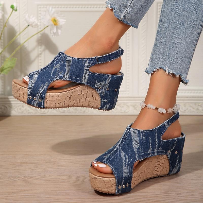 2024 New High Quality Denim Sandals Fish Mouth Open Toe Bag Instep Ankle Strap Wedge Sandals Summer Large Size Wedge Shoes