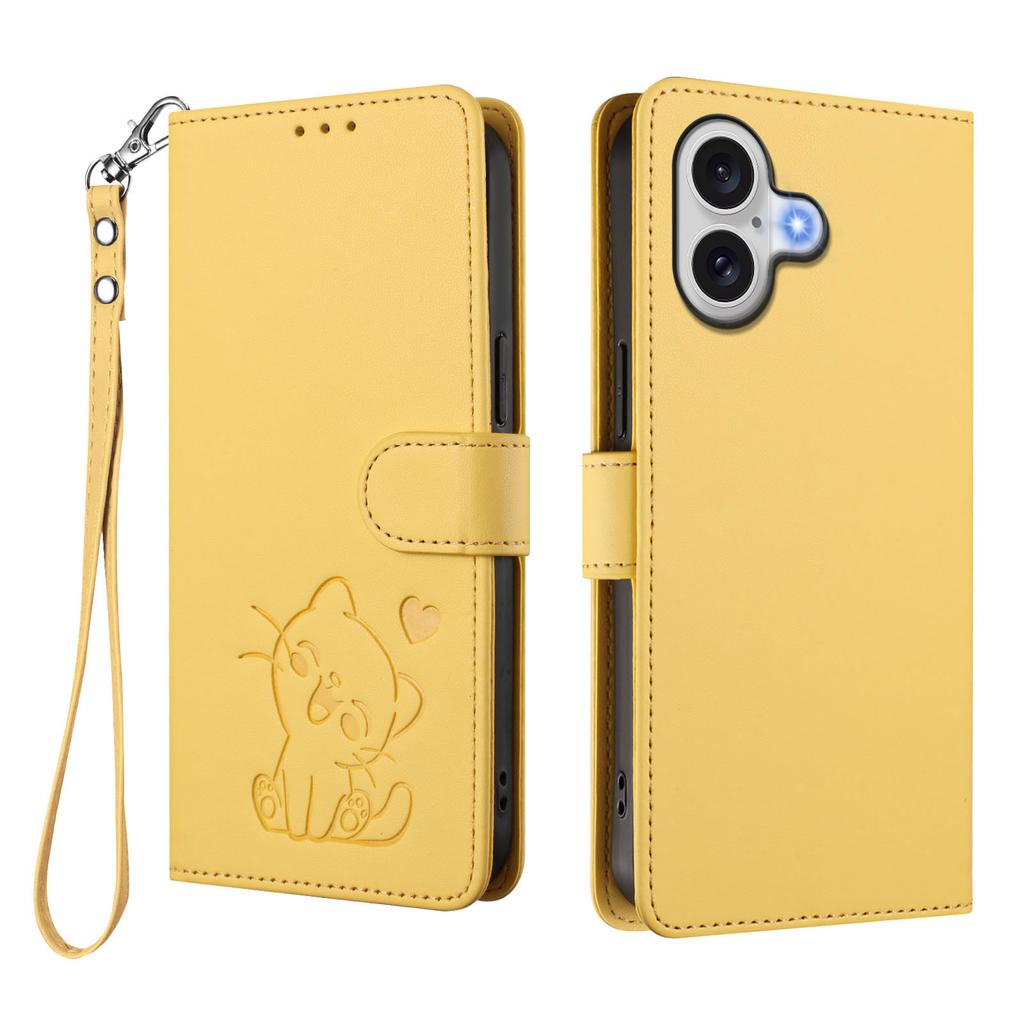 For iPhone 17 Wallet Case with Wrist Strap Love Cat Pattern Imprint Leather Phone Cover