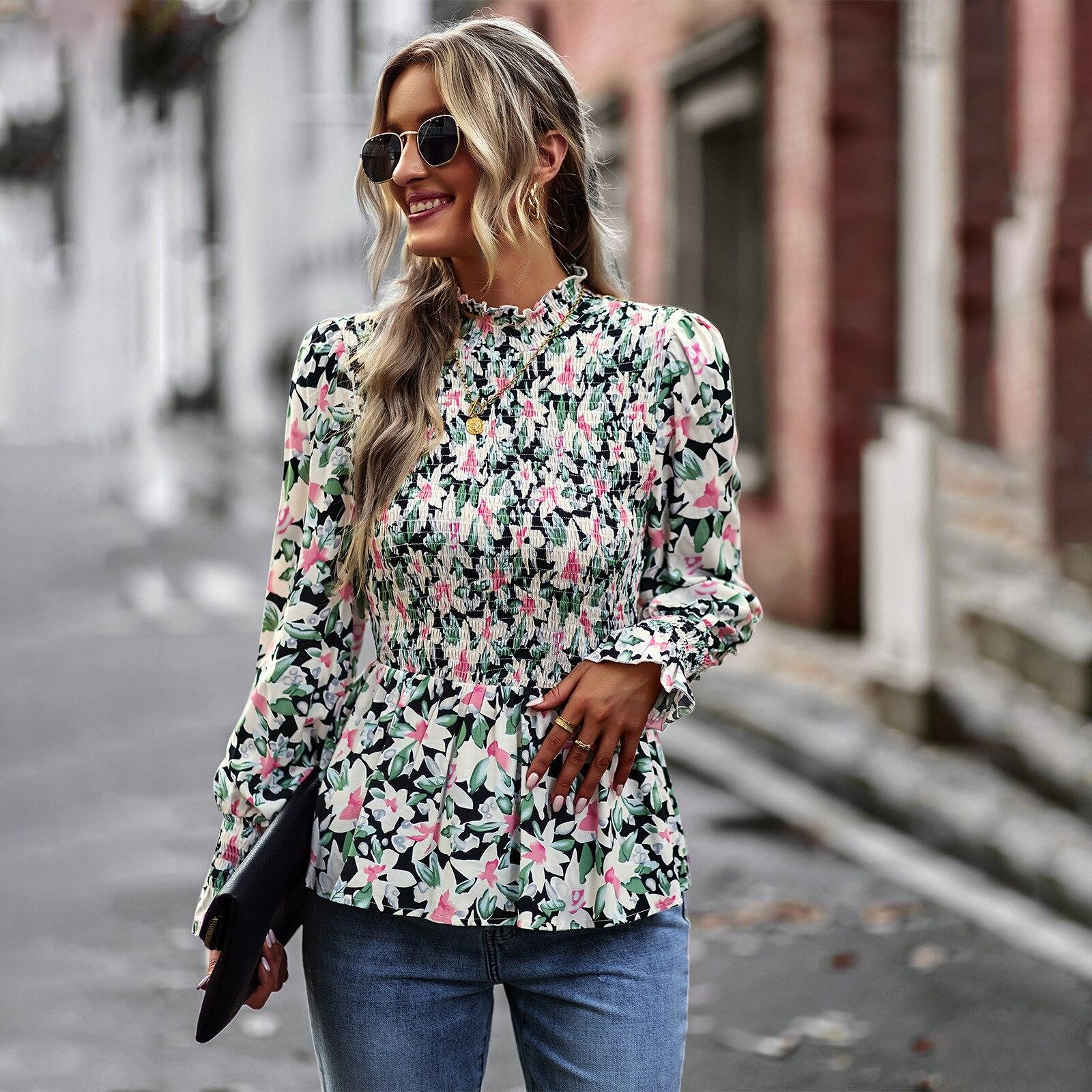 

Темпераментная рубашка с длинными рукавами, модные топы с тонкой талией и круглым вырезом, весенне-осенняя женская одежда, элегантная блузка с цветочным принтом 24779 XL чёрный